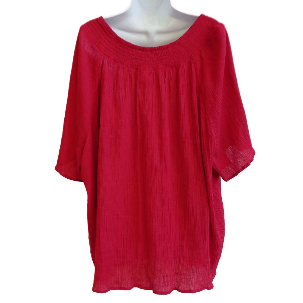 Catherines Red Cotton India Gauze Top Embroidered Keyhole Tie Tassels Smocked 4X - Picture 4 of 8